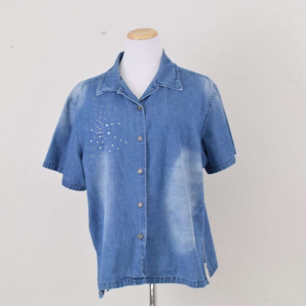 Vintage 90s Jane Ashley‎ Blue Button Down Blouse | size 2x - Picture 9 of 10